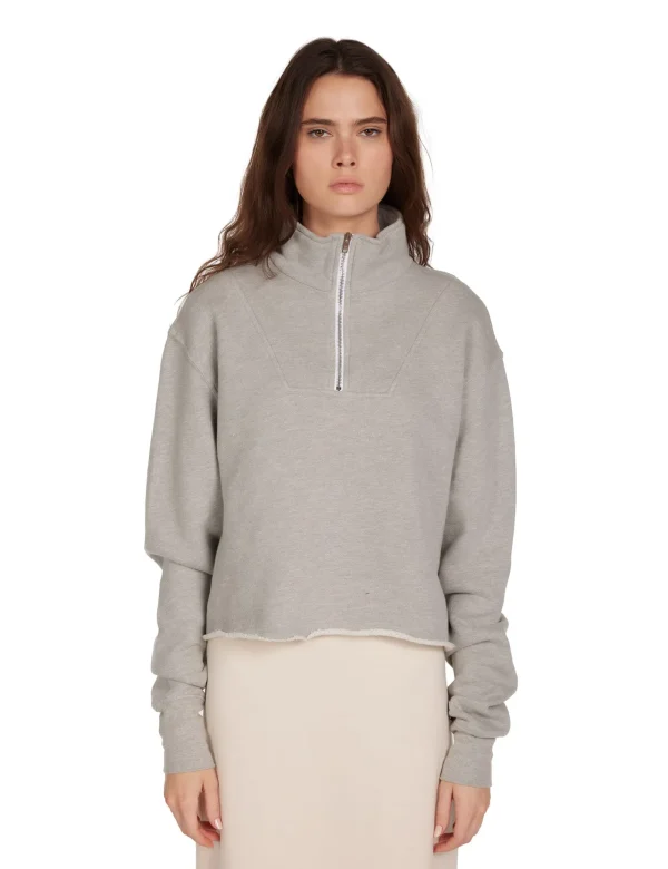 New LES TIEN Haley Crop Half Zip Pullover Heather Grey
