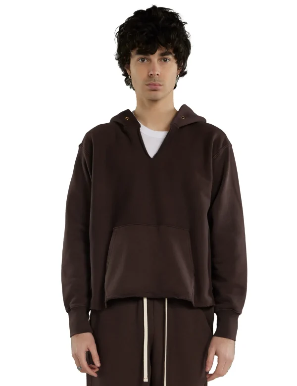 Clearance LES TIEN Heavyweight Raw Cropped Hoodie Washed Brown Fig