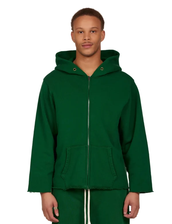 Clearance LES TIEN Heavyweight Raw Zip Hoodie Washed Verde