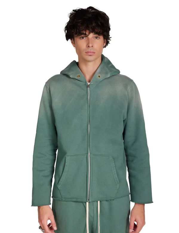 Fashion LES TIEN Heavyweight Raw Zip Hoodie Sunfaded Dark Moss