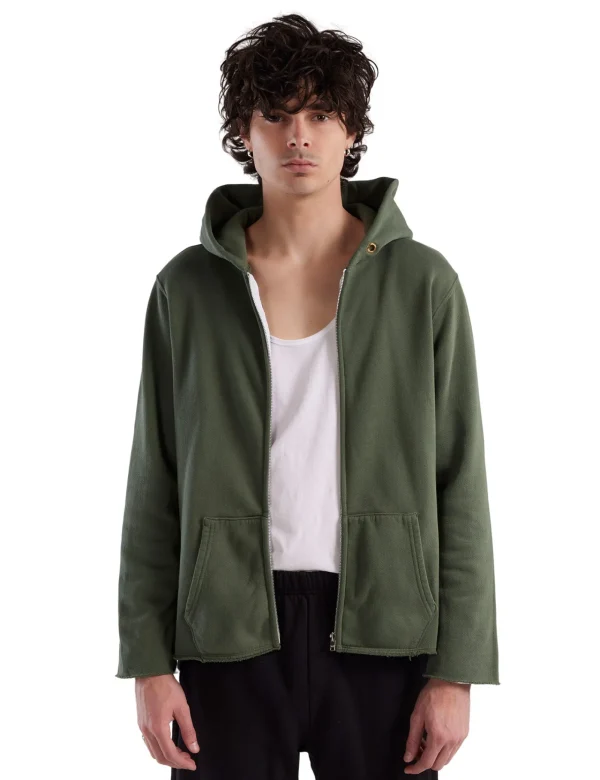 Best LES TIEN Heavyweight Raw Zip Hoodie Dark Moss