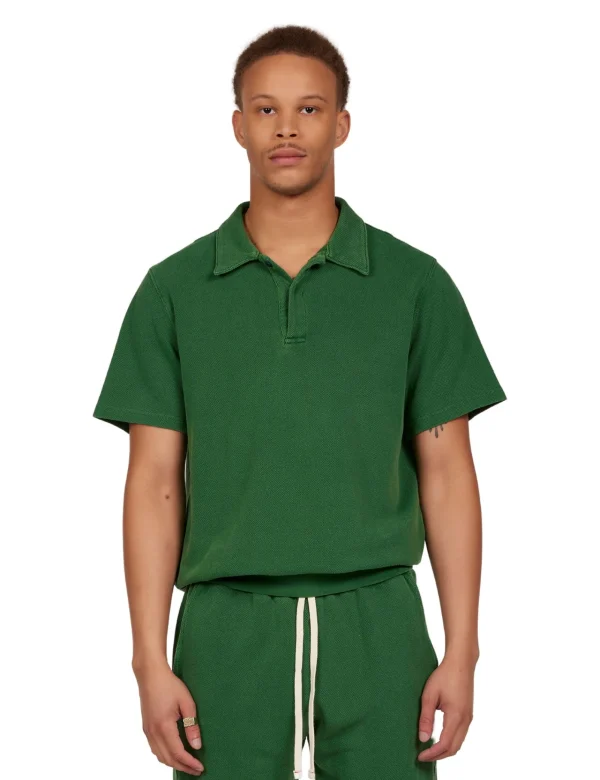 New LES TIEN Piqué S/S Banded Tennis Polo Washed Verde