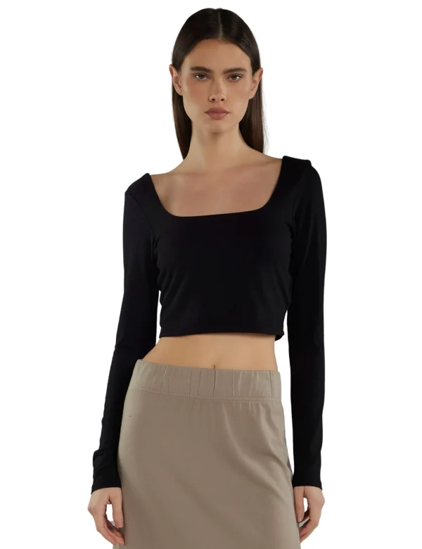 Sale LES TIEN Tess Square Neck Long Sleeve Jet Black