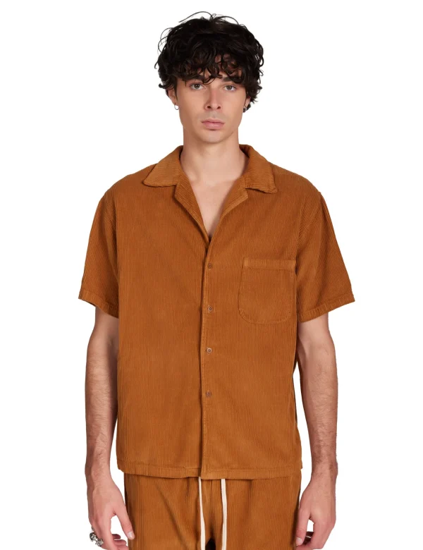 New LES TIEN Wide Wale Corduroy Cuban Shirt Sahara