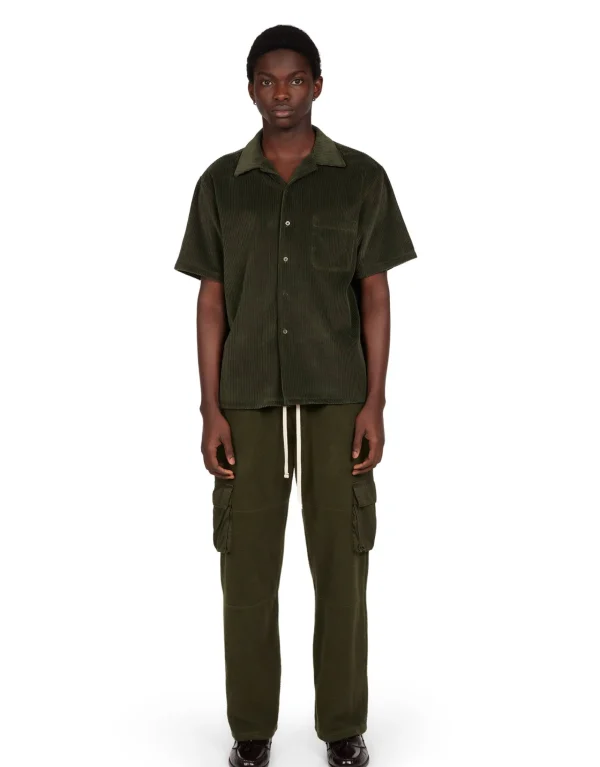 New LES TIEN Wide Wale Corduroy Cuban Shirt Forest